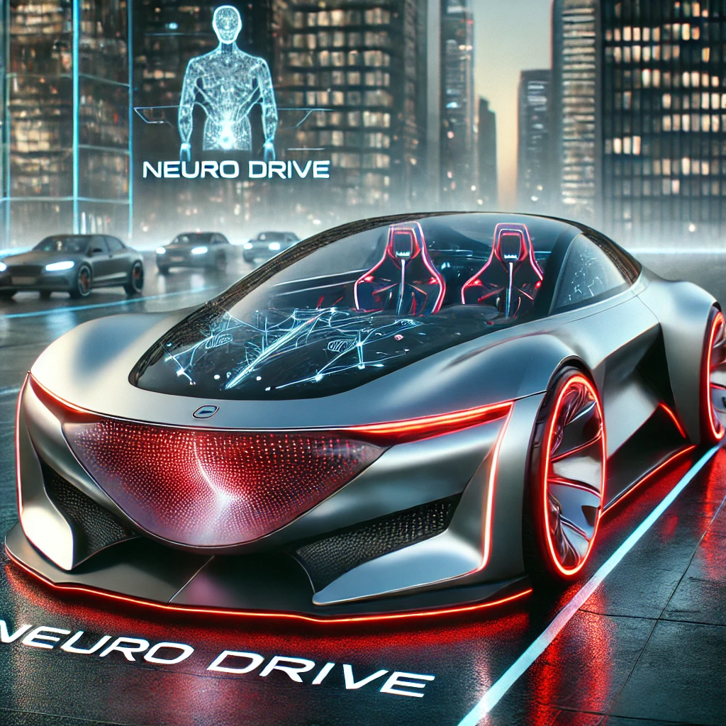 Illustration of Neuro Drive technology showing a brain-computer interface (BCI) controlling an autonomous vehicle through brain signals and AI integration